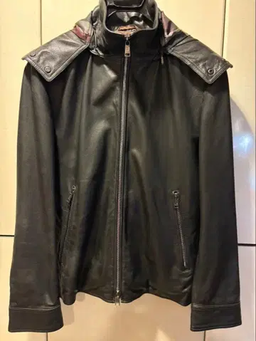 BLACK LABEL 후드 부착 가죽 자켓
