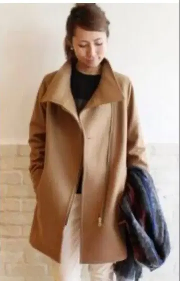 스탠다드 칼라 코트 울 카멜 금 지퍼 38 2way