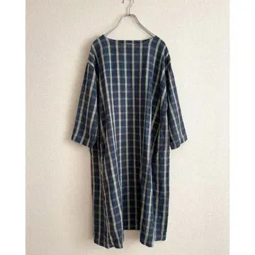 [컨디션 최상] 45R 네이비 나염 린넨 드레스 롱 슬리브 체크