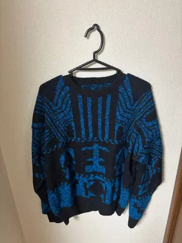 전체 패턴 니트 블루 x 블랙 기하학 패턴 90s 구제 의류