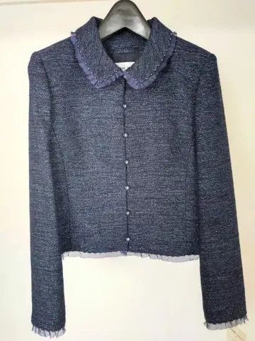 네이비 트위드풍 자켓 프릴 옷깃 비즈 네이비 성숙/러블리 루즈한 사이즈