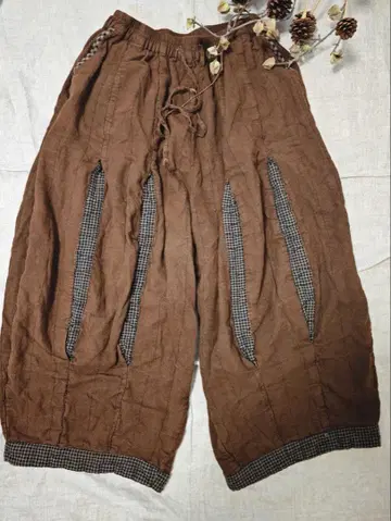 패치워크 충전솜 린넨 가우초 팬츠 루즈핏 두꺼운 원단