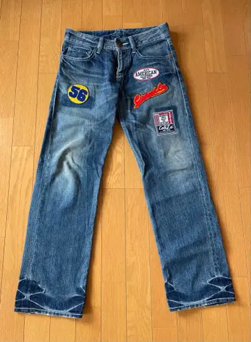 패치워크 디자인 블루 데님 로우라이즈