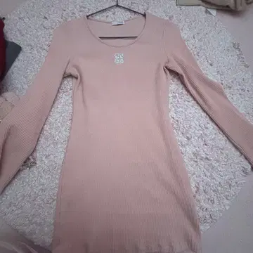 리브 편직 긴팔 니트 원피스 핑크 F