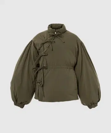 올리브색 볼륨 슬리브 다운 자켓