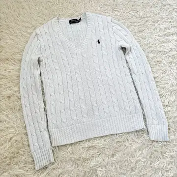 폴로 랄프로렌 케이블 니트 V넥 화이트 XS 코튼 100%