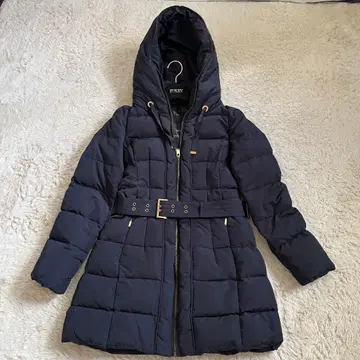 ZARA 후드 부착 다운 코트 롱 네이비 벨트 M