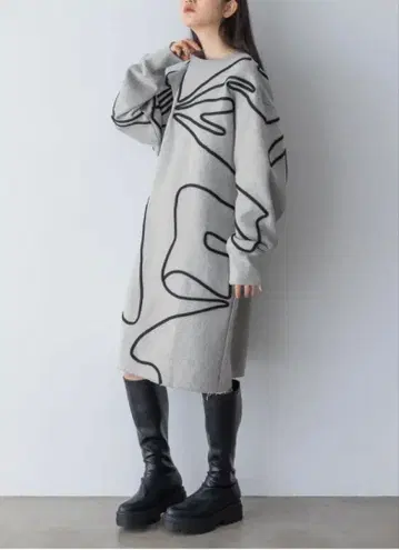 yuw 자수 리본 맨투맨 원피스