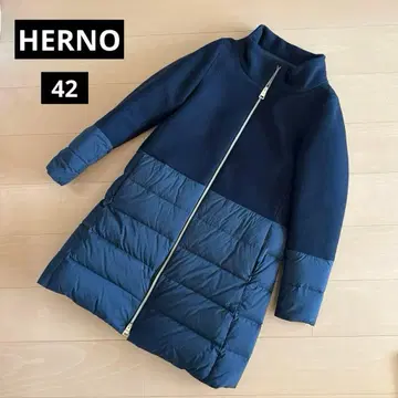 HERNO 헬노 다운 코트 네이비 울 절개 세미롱 후드 부착