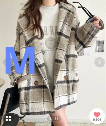 mily bilet 부클 체크 무늬 코쿤 실루엣 더블 자켓 코트