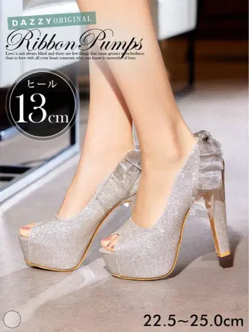 dazzy 쉬폰 리본 글리터 오픈토 캬바쿠라 힐 23.5cm