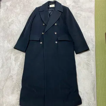 울 혼방 네이비 더블 브레스트 롱 코트