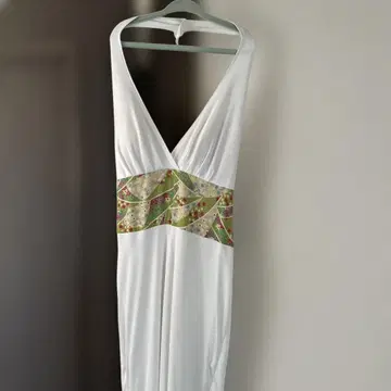 화이트 롱 드레스 V넥 기모노 오비 허리 밴딩