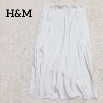 H&M 새틴 스커트 L 화이트 종아리 기장 심플 허리밴딩 광택