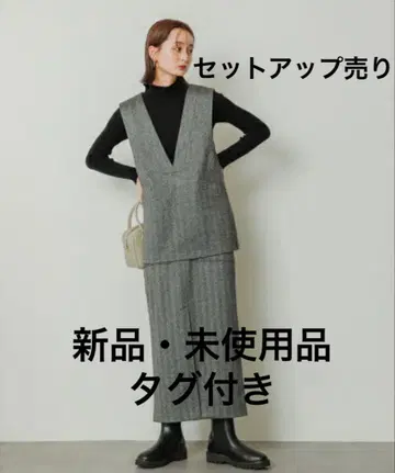 저지 멜톤 V넥 베스트 아웃 포켓 스커트 셋업