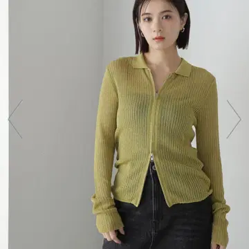 내추럴 뷰티 베이직 시어 라메 지퍼 가디건 라임 그린