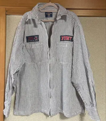 FDNY 스트라이프 패턴 긴팔 셔츠 L 사이즈 히코리 구제 의류 뉴욕