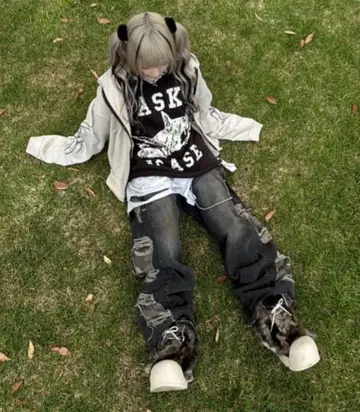 카모플라쥬 사이드 데미지 와이드 데님 팬츠