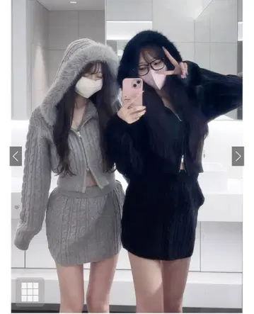 그레이 케이블 니트 후드 부착 셋업