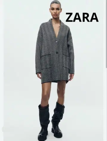 ZARA 헤링본 체스터 코트 M 화이트 블랙