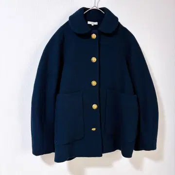 yori 코쿤 실루엣 코트 둥근 카라 숏 기장 네이비 골드 버튼