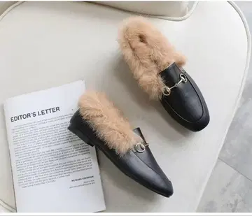 퍼 로퍼 비트 신발 퍼 슬립온 뮬