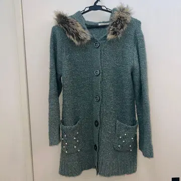 후드 부착 그레이 니트 가디건