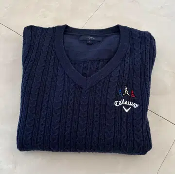 캘러웨이 네이비 x 화이트 V넥 케이블 짜임 스웨터 골프웨어 S