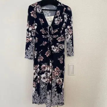 플라워 프린트 7부 소매 원피스 네이비