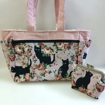 핸드메이드 검은 고양이와 장미 토트백 가마구치 파우치