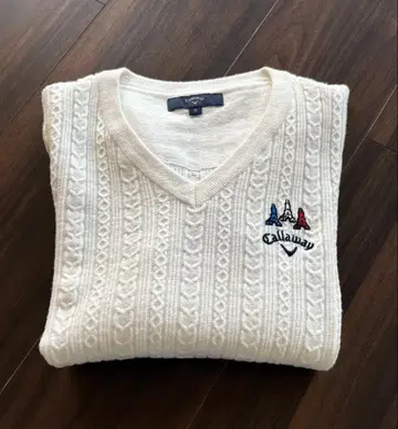 캘러웨이 화이트 x 블루 V넥 케이블 짜임 스웨터 골프웨어 S