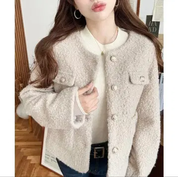 moment+ 페이크 반지 울 골드 버튼 노카라 자켓 L 베이지
