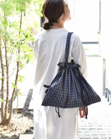 ourhome 체크 무늬 에코백 접이식 백 네이비 브라운