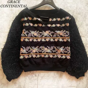 그레이스 콘티넨탈 니트 자수 꽃무늬 라인 플라워 블랙