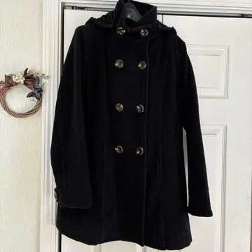 써니클라우드 블랙 후드 부착 더블 브레스트 울 코트