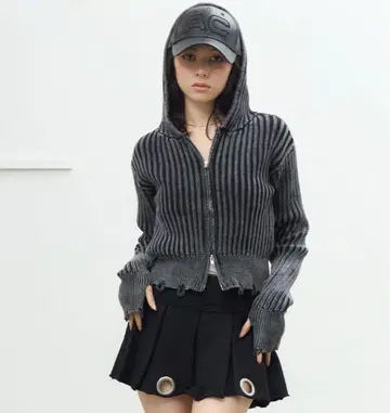 ACLENT 피그먼트 리브 니트 집업 후디