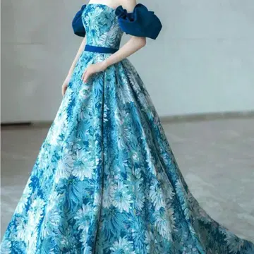 컬러 드레스 꽃무늬 이브닝 드레스 블루 오프숄더 브라이덜 웨딩