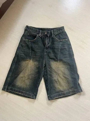 ATMARK 데님 팬츠 다크 데님 하프 팬츠 페이드 가공 데님