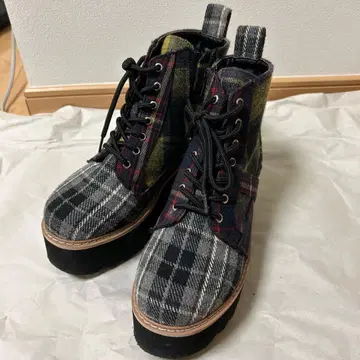 키다리 아저씨 체크 무늬 통굽 부츠 레이스업 경량 25cm