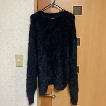 남녀 공용 오버 사이즈 퍼 니트 풀오버 블랙 M