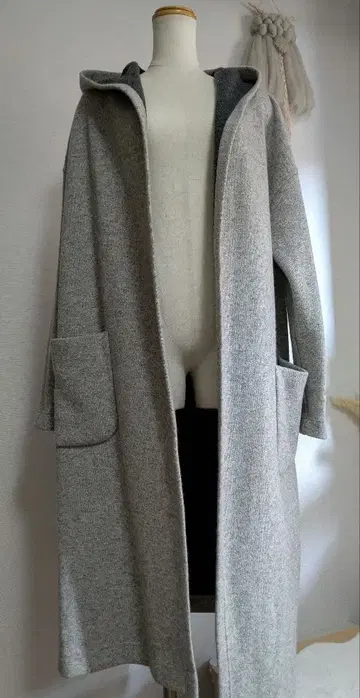 ivory court 후드 부착 그레이 울 롱 코트