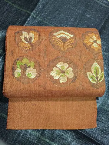 나고야 오비 꽃무늬 자수 오렌지 지 미사용