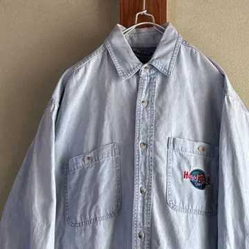 하드 록 카페 긴팔 데님 셔츠 90s 자수 양면 원포인트 로고