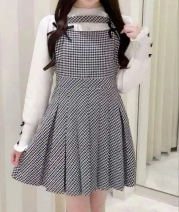 evelyn 체크 플리츠 OP 원피스 하운드투스 체크 패턴