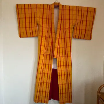 실크 모스 황팔 옐로우 컬러 x 빨간색 체크 격자 장옷 기모노