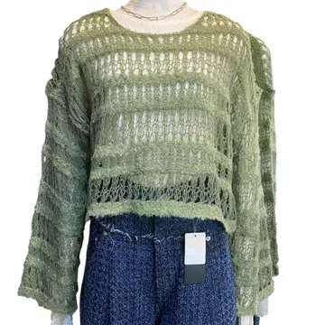 미사용 새상품 시스루 편직 올리브 그린 긴팔 니트