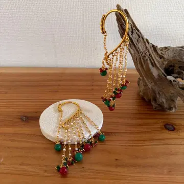 프린지 골드 이어커프 빨간색 그린 비즈