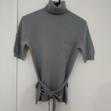 블루 그레이 캐시미어 하이넥 니트 반팔 스웨터