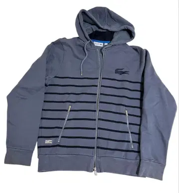 LACOSTE 그레이 스트라이프 풀 집업 후드티 속기모 남성용
