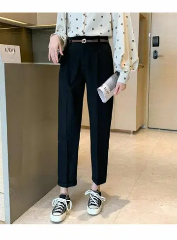 블랙 벨트 포함 하이웨스트 캐주얼 팬츠 원턱